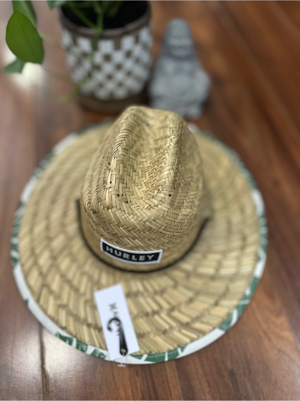 Hurley Natural Straw Beach Hat Floral Tropical Monstera Print Brim NWT